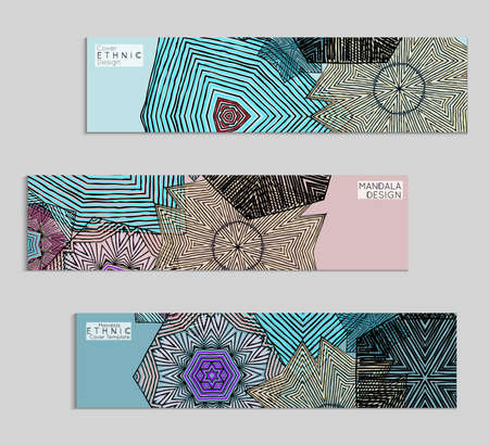 Ethnic banners template with floral Mandala ornament. Henna tattoo style. Collection of creative universal artistic vector cards. Lace pattern with roughly hand drawn striped colorful Mandala.のイラスト素材