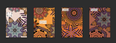Ethnic banners template with floral Mandala ornament. Henna tattoo style. Collection of creative universal artistic vector cards. Lace pattern with roughly hand drawn striped colorful Mandala.のイラスト素材