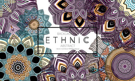 Ethnic banners template with floral Mandala ornament. Henna tattoo style. Collection of creative universal artistic vector cards. Lace pattern with roughly hand drawn striped colorful Mandala.のイラスト素材
