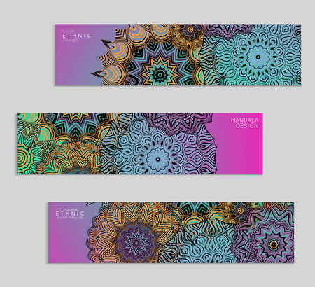 Ethnic banners template with floral Mandala ornament. Henna tattoo style. Collection of creative universal artistic vector cards. Lace pattern with roughly hand drawn striped colorful Mandala.のイラスト素材
