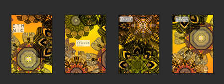 Ethnic banners template with floral Mandala ornament. Henna tattoo style. Collection of creative universal artistic vector cards. Lace pattern with roughly hand drawn striped colorful Mandala.のイラスト素材