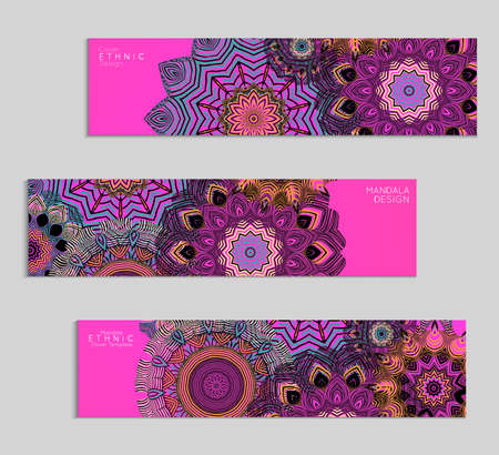 Ethnic banners template with floral Mandala ornament. Henna tattoo style. Collection of creative universal artistic vector cards.のイラスト素材