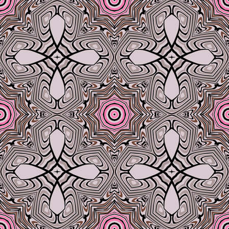 Seamless striped vector pattern. Colored decorative repainting background with tribal and ethnic motifs. Abstract geometric roughly hatched detailed shapes with black contour.のイラスト素材