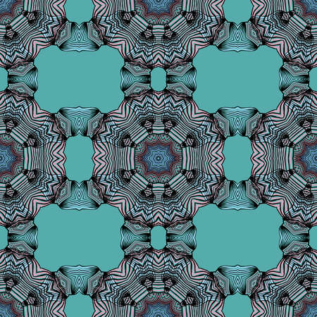 Seamless striped vector pattern. Colored decorative repainting background with tribal and ethnic motifs. Abstract geometric roughly hatched detailed shapes with black contour.のイラスト素材