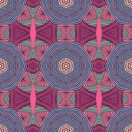 Seamless striped vector pattern. Colored decorative repainting background with tribal and ethnic motifs. Abstract geometric roughly hatched detailed shapes with black contour.のイラスト素材