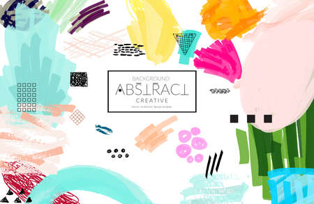 Abstract universal art web header template. Collage made with scribbles, marker, canyon strokes, black geometric shapes, ink drawn splashes. Bright colored isolated on white background cover template.のイラスト素材