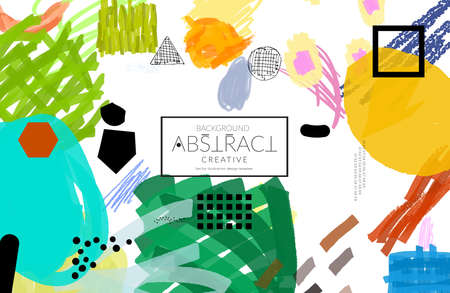 Abstract universal art web header template. Collage made with scribbles, marker, canyon strokes, black geometric shapes, ink drawn splashes. Bright colored isolated on white background cover template.のイラスト素材