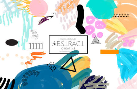 Abstract universal art web header template. Collage made with scribbles, marker, canyon strokes, black geometric shapes, ink drawn splashes. Bright colored isolated on white background cover template.のイラスト素材