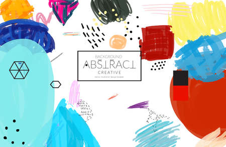 Abstract universal art web header template. Collage made with scribbles, marker, canyon strokes, black geometric shapes, ink drawn splashes. Bright colored isolated on white background cover template. のイラスト素材