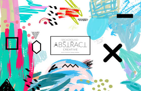 Abstract universal art web header template. Collage made with scribbles, marker, canyon strokes, black geometric shapes, ink drawn splashes. Bright colored isolated on white background cover template.のイラスト素材