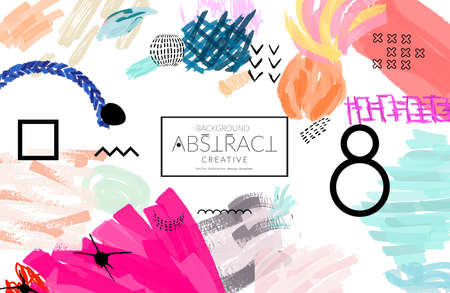 Abstract universal art web header template. Collage made with scribbles, marker, canyon strokes, black geometric shapes, ink drawn splashes. Bright colored isolated on white background cover template. のイラスト素材