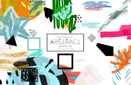 Abstract universal art web header template. Collage made with scribbles, marker, canyon strokes, black geometric shapes, ink drawn splashes. Bright colored isolated on white background cover template. のイラスト素材