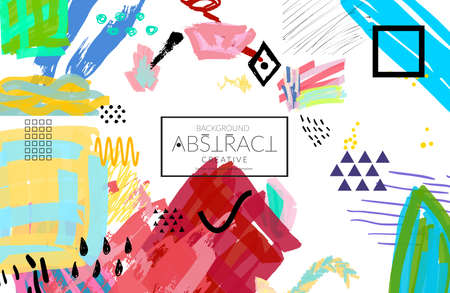 Abstract universal art web header template. Collage made with scribbles, marker, canyon strokes, black geometric shapes, ink drawn splashes. Bright colored isolated on white background cover template. のイラスト素材