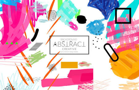 Abstract universal art web header template. Collage made with scribbles, marker, canyon strokes, black geometric shapes, ink drawn splashes. Bright colored isolated on white background cover template. のイラスト素材