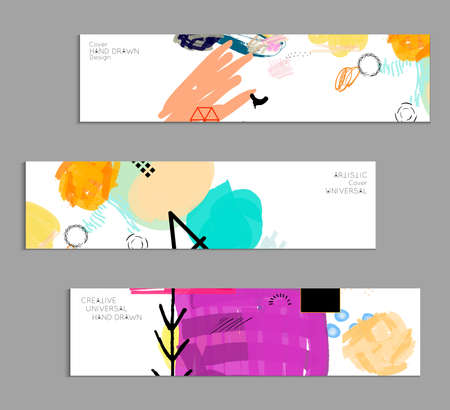 Abstract universal art web header template. Collage made with scribbles, marker, canyon strokes, black geometric shapes, ink drawn splashes. Bright colored isolated on white background cover template.のイラスト素材