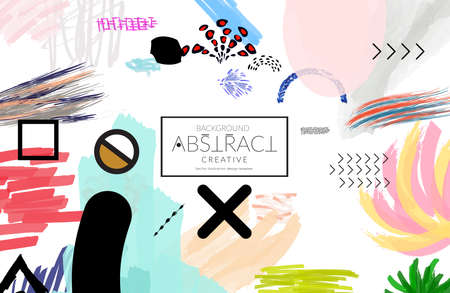 Abstract universal art web header template. Collage made with scribbles, marker, canyon strokes, black geometric shapes, ink drawn splashes. Bright colored isolated on white background cover template.のイラスト素材