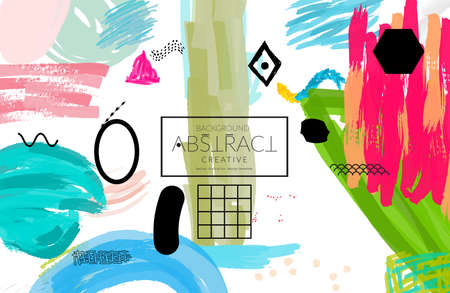 Abstract universal art web header template. Collage made with scribbles, marker, canyon strokes, black geometric shapes, ink drawn splashes. Bright colored isolated on white background cover template.のイラスト素材