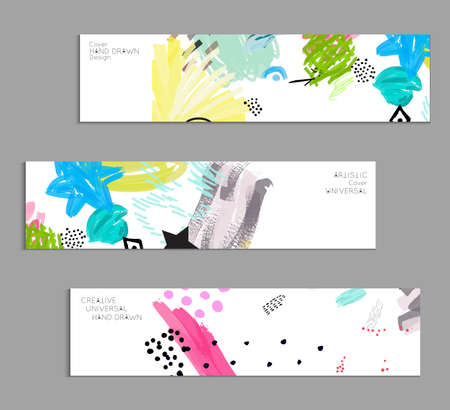 Abstract universal art web header template. Collage made with scribbles, marker, canyon strokes, black geometric shapes, ink drawn splashes. Bright colored isolated on white background cover template.のイラスト素材