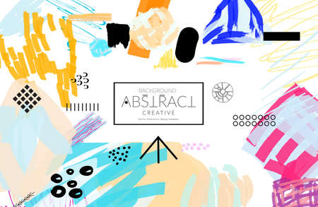 Abstract universal art web header template. Collage made with scribbles, marker, canyon strokes, black geometric shapes, ink drawn splashes. Bright colored isolated on white background cover template.のイラスト素材