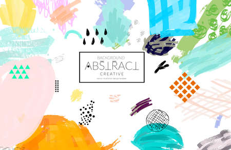 Abstract universal art web header template. Collage made with scribbles, marker, canyon strokes, black geometric shapes, ink drawn splashes. Bright colored isolated on white background cover template.のイラスト素材