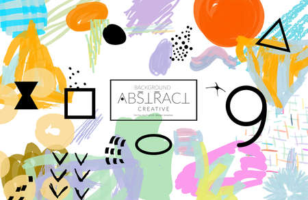Abstract universal art web header template. Collage made with scribbles, marker, canyon strokes, black geometric shapes, ink drawn splashes. Bright colored isolated on white background cover template.のイラスト素材
