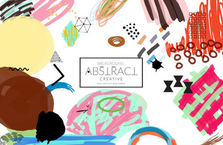 Abstract universal art web header template. Collage made with scribbles, marker, canyon strokes, black geometric shapes, ink drawn splashes. Bright colored isolated on white background cover template.のイラスト素材