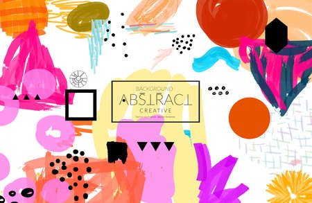 Abstract universal art web header template. Collage made with scribbles, marker, canyon strokes, black geometric shapes, ink drawn splashes. Bright colored isolated on white background cover template. のイラスト素材