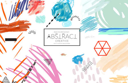Abstract universal art web header template. Collage made with scribbles, marker, canyon strokes, black geometric shapes, ink drawn splashes. Bright colored isolated on white background cover template. のイラスト素材