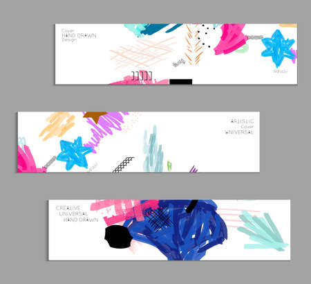 Abstract universal art web header template. Collage made with scribbles, marker, canyon strokes, black geometric shapes, ink drawn splashes. Bright colored isolated on white background cover template. のイラスト素材