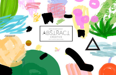 Abstract universal art web header template. Collage made with scribbles, marker, canyon strokes, black geometric shapes, ink drawn splashes. Bright colored isolated on white background cover template. のイラスト素材