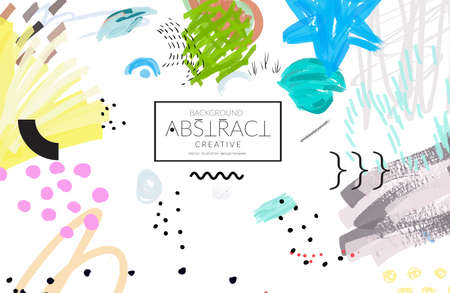 Abstract universal art web header template. Collage made with scribbles, marker, canyon strokes, black geometric shapes, ink drawn splashes. Bright colored isolated on white background cover template. のイラスト素材