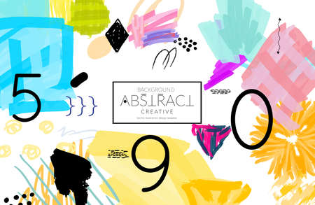 Abstract universal art web header template. Collage made with scribbles, marker, canyon strokes, black geometric shapes, ink drawn splashes. Bright colored isolated on white background cover template. のイラスト素材