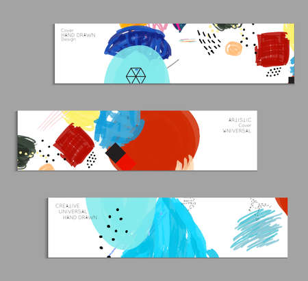 Abstract universal art web header template. Collage made with scribbles, marker, canyon strokes, black geometric shapes, ink drawn splashes. Bright colored isolated on white background cover template. のイラスト素材