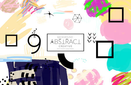 Abstract universal art web header template. Collage made with scribbles, marker, canyon strokes, black geometric shapes, ink drawn splashes. Bright colored isolated on white background cover template. のイラスト素材