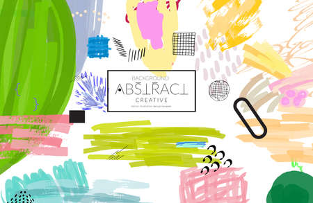 Abstract universal art web header template. Collage made with scribbles, marker, canyon strokes, black geometric shapes, ink drawn splashes. Bright colored isolated on white background cover template. のイラスト素材