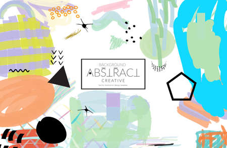 Abstract universal art web header template. Collage made with scribbles, marker, canyon strokes, black geometric shapes, ink drawn splashes. Bright colored isolated on white background cover template. のイラスト素材