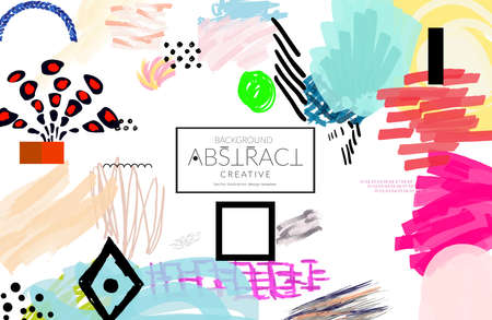 Abstract universal art web header template. Collage made with scribbles, marker, canyon strokes, black geometric shapes, ink drawn splashes. Bright colored isolated on white background cover template. のイラスト素材