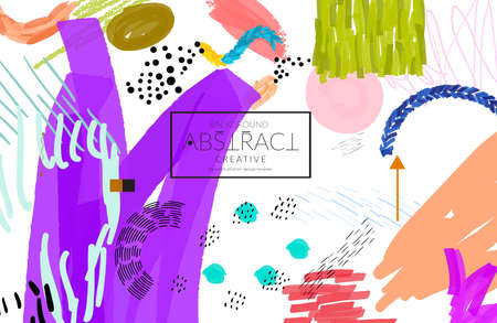 Abstract universal art web header template. Collage made with scribbles, marker, canyon strokes, black geometric shapes, ink drawn splashes. Bright colored isolated on white background cover template. のイラスト素材