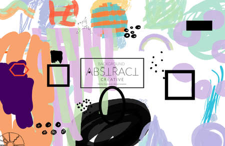 Abstract universal art web header template. Collage made with scribbles, marker, canyon strokes, black geometric shapes, ink drawn splashes. Bright colored isolated on white background cover template. のイラスト素材