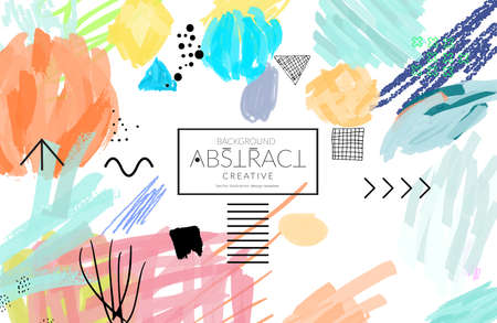 Abstract universal art web header template. Collage made with scribbles, marker, canyon strokes, black geometric shapes, ink drawn splashes. Bright colored isolated on white background cover template. のイラスト素材