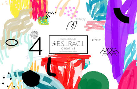 Abstract universal art web header template. Collage made with scribbles, marker, canyon strokes, black geometric shapes, ink drawn splashes. Bright colored isolated on white background cover template. のイラスト素材
