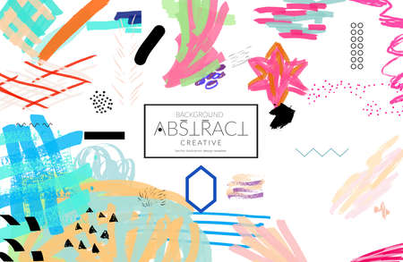 Abstract universal art web header template. Collage made with scribbles, marker, canyon strokes, black geometric shapes, ink drawn splashes. Bright colored isolated on white background cover template. のイラスト素材