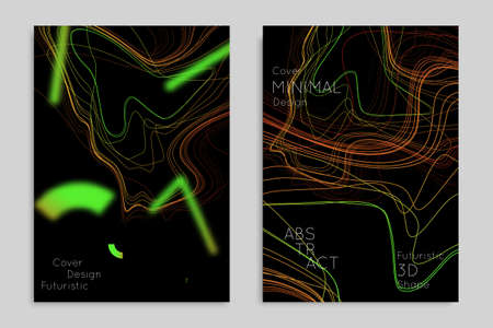Abstract banner template with blurred geometric shapes. Poster with gradient neon colored  lines like tangled threads. Bright colorful fluid shapes on black background.のイラスト素材