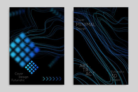 Abstract banner template with blurred geometric shapes. Poster with gradient neon colored  lines like tangled threads. Bright colorful fluid shapes on black background.のイラスト素材