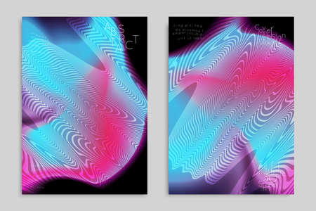 Abstract cover template with stripes on colorful blurred background. Poster with gradient colored  fluid shapes. Bright liquid striped futuristic banner with marble texture over glow color.のイラスト素材