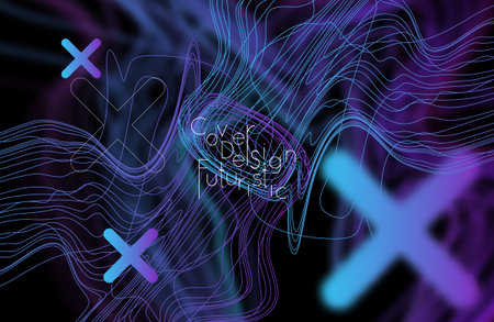 Abstract banner template with blurred curvy lines and geometric shapes. Poster with gradient neon...