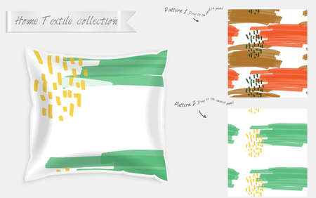 Interior design textile patterns. Realistic satin decorative pillow mock up with seamless pattern isolated on white. Two hand drawn seamless patterns with rough texture.のイラスト素材