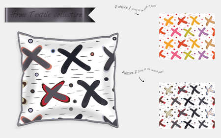 Interior design textile patterns. Realistic satin decorative pillow mock up with seamless pattern isolated on white. Two hand drawn seamless patterns with rough texture.のイラスト素材