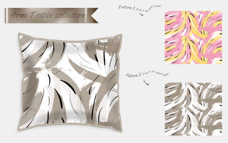 Interior design textile patterns. Realistic satin decorative pillow mock up with seamless pattern isolated on white. Two hand drawn seamless patterns with rough texture.のイラスト素材