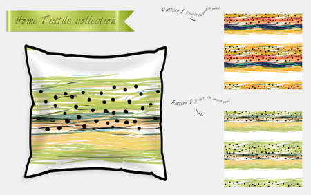 Interior design textile patterns. Realistic satin decorative pillow mock up with seamless pattern isolated on white. Two hand drawn seamless patterns with rough texture.のイラスト素材